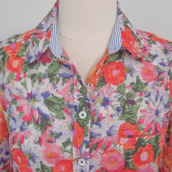 NWOT Anthropologie HD in Paris Orange Pink Floral Cotton Button Down Top - Picture 3 of 7